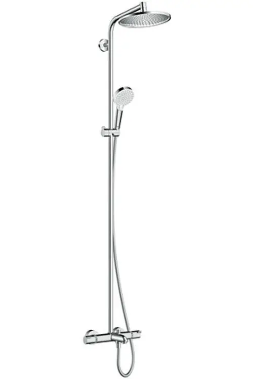 Duscheinheit mit Kopf- und Handbrause, verchromt, montiert an einer Wand, mit einem Wannenthermostat, Marke Hansgrohe.